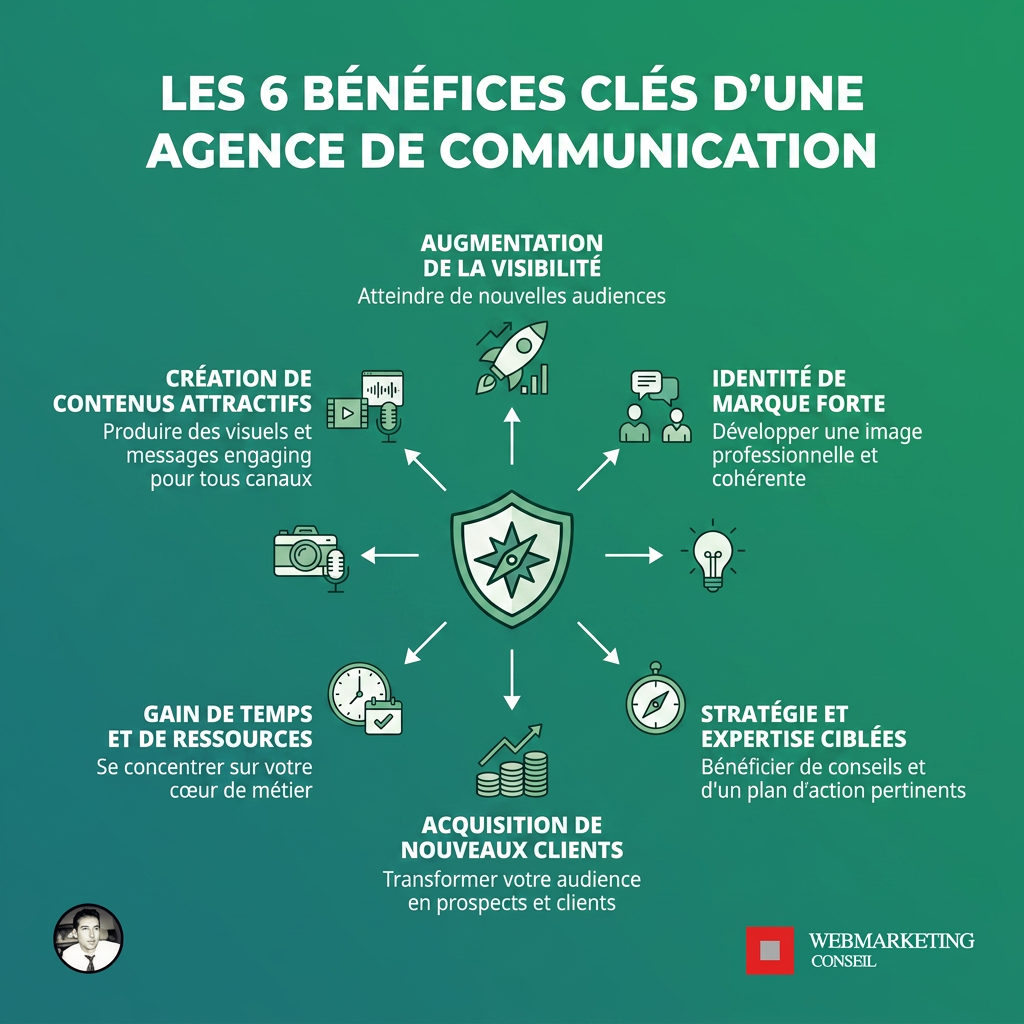 Infographie listant les bénéfices clés d'une agence de communication : valorisation de l'image de marque, se démarquer, résultats mesurables, expertise externalisée.