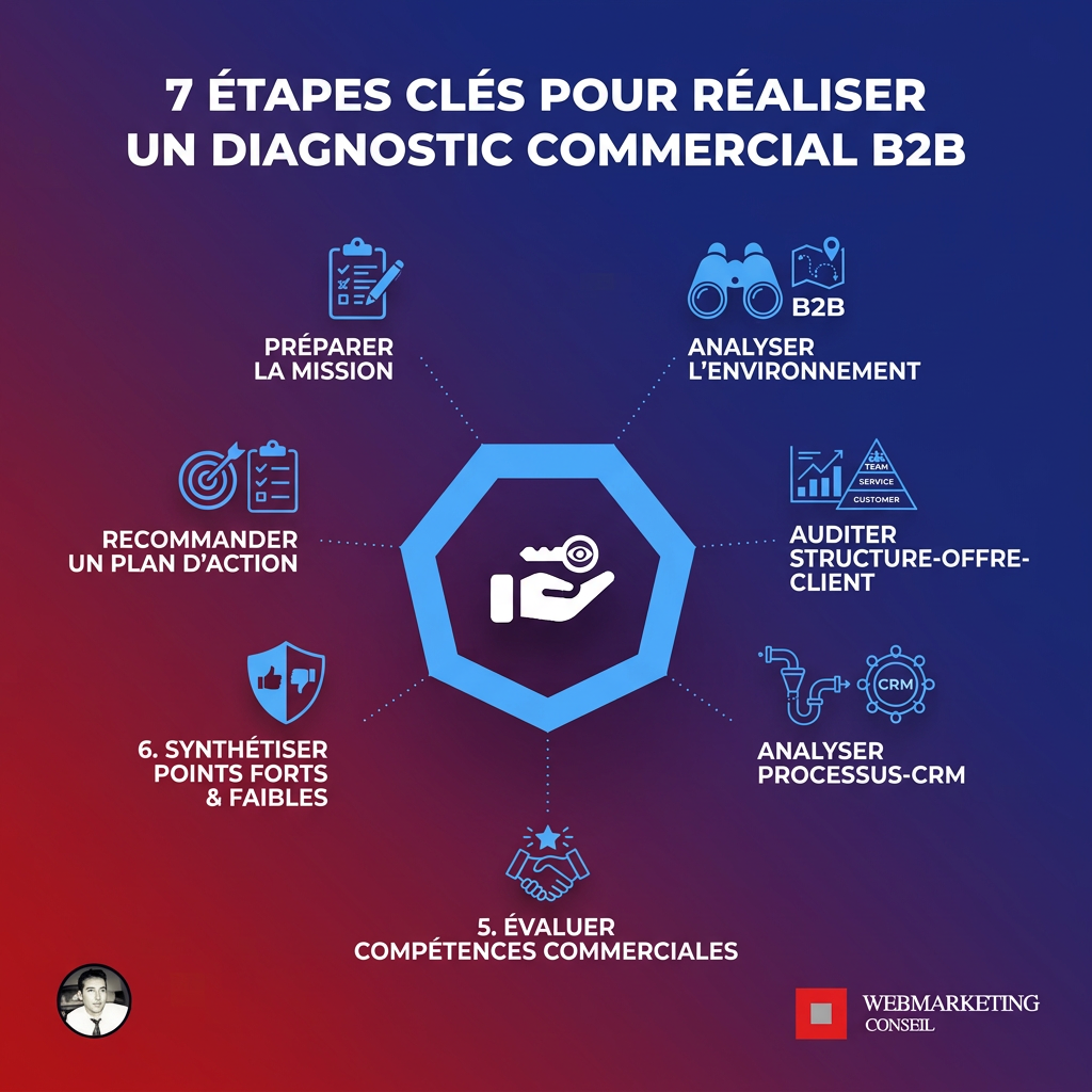 Infographie détaillant les phases du diagnostic commercial et stratégique en B2B