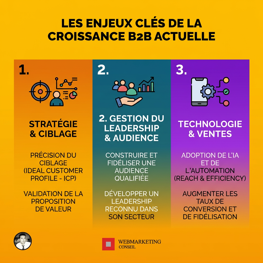 Infographie listant les enjeux clés de la croissance B2B actuelle : cycles de vente longs, processus d'achat complexe, besoin de confiance, demande de personnalisation.