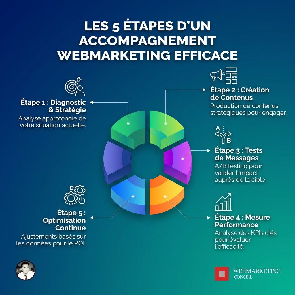 Schéma des phases d'un accompagnement webmarketing