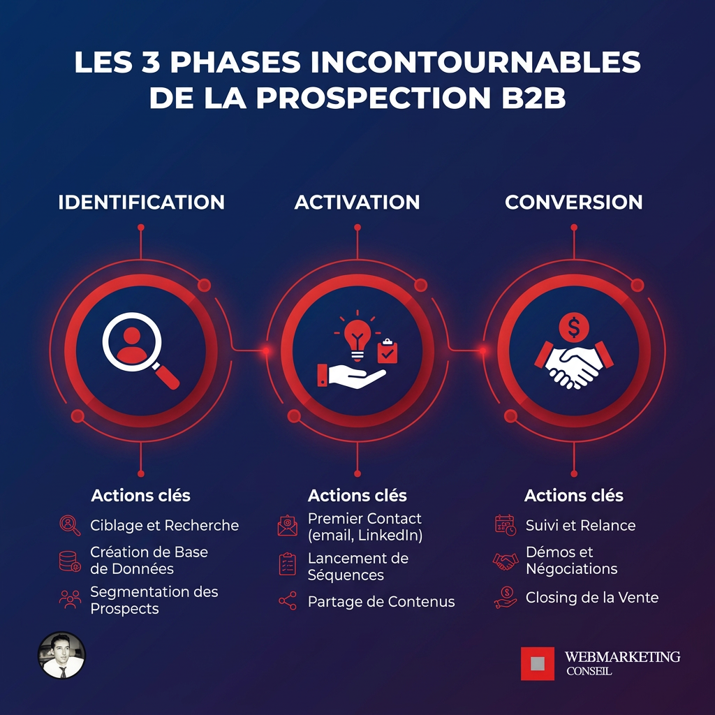 Schéma des 3 phases de la prospection B2B