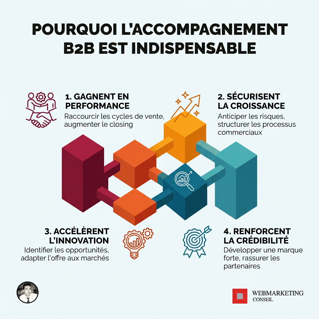 Infographie listant les défis B2B et les bénéfices de l'accompagnement