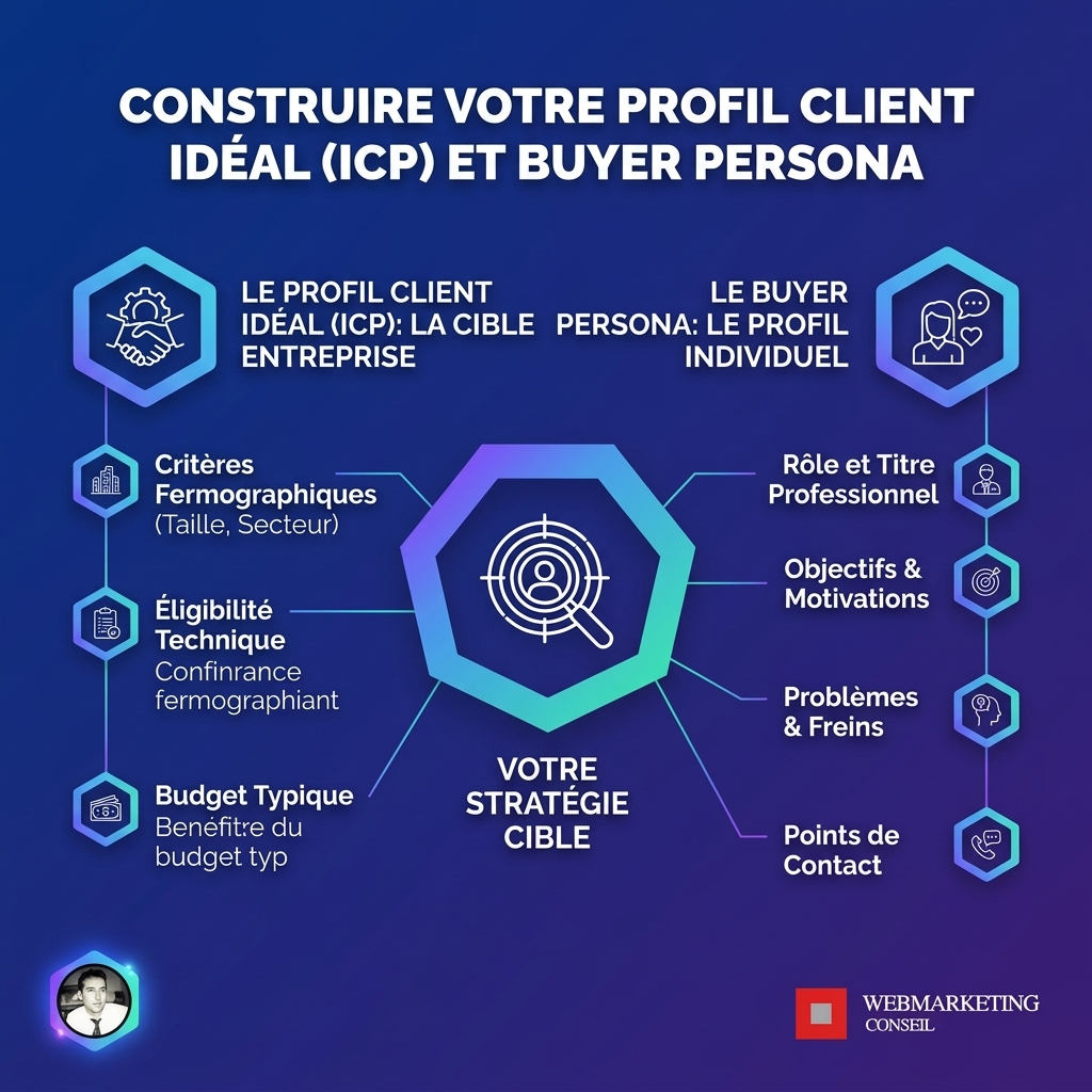 Infographie détaillant les éléments clés pour définir un profil client idéal (taille, secteur, localisation, etc.) et un buyer persona (rôle, responsabilités, objectifs, points de douleur).