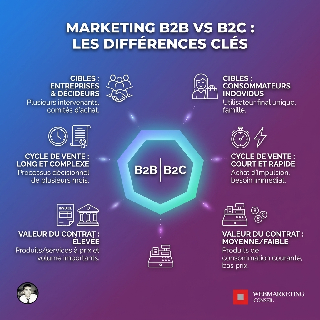 Infographie comparant le marketing B2B et B2C sur des critères comme la rationalité de la décision, la durée du cycle de vente, le nombre de parties prenantes et l'importance de la relation client.