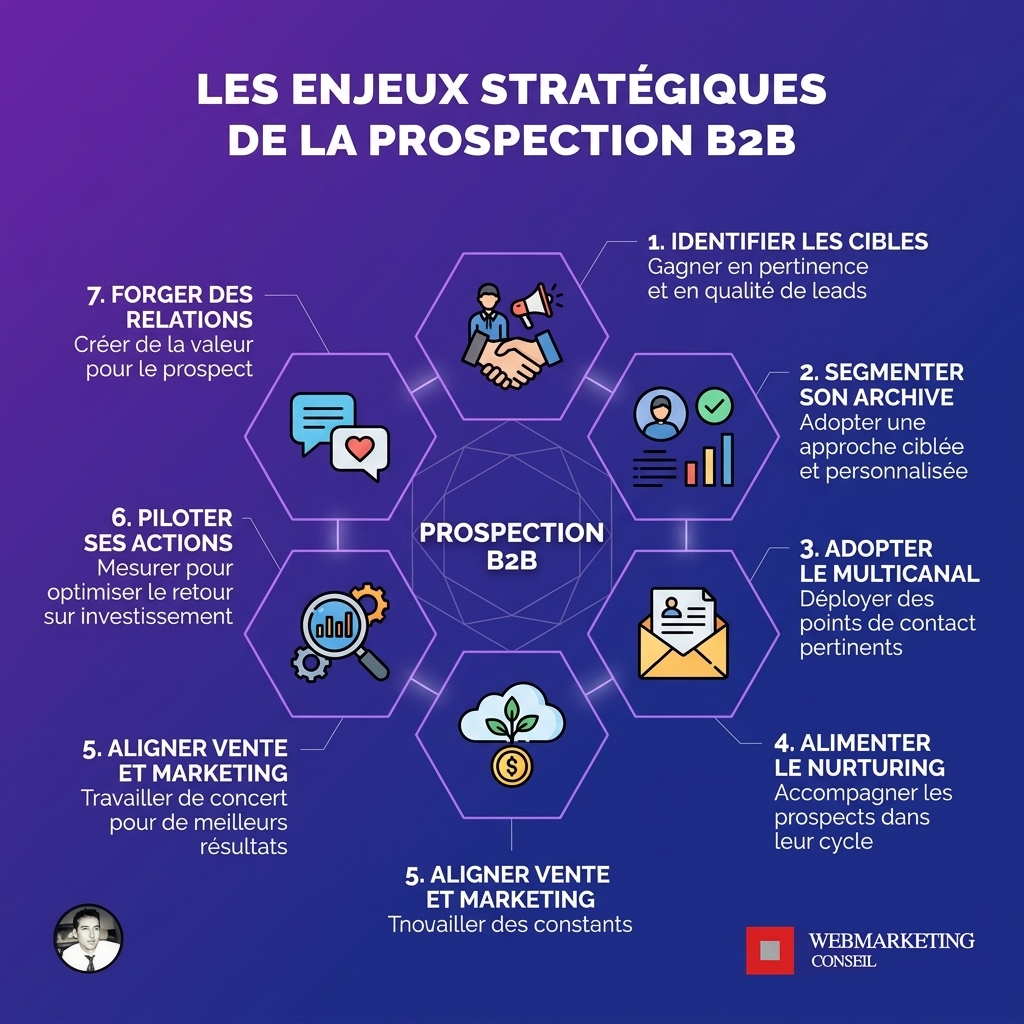 Infographie présentant les objectifs de la prospection B2B : générer des leads pertinents, développer le portefeuille client, optimiser l'efficacité commerciale, assurer une croissance constante, s'adapter au marché.