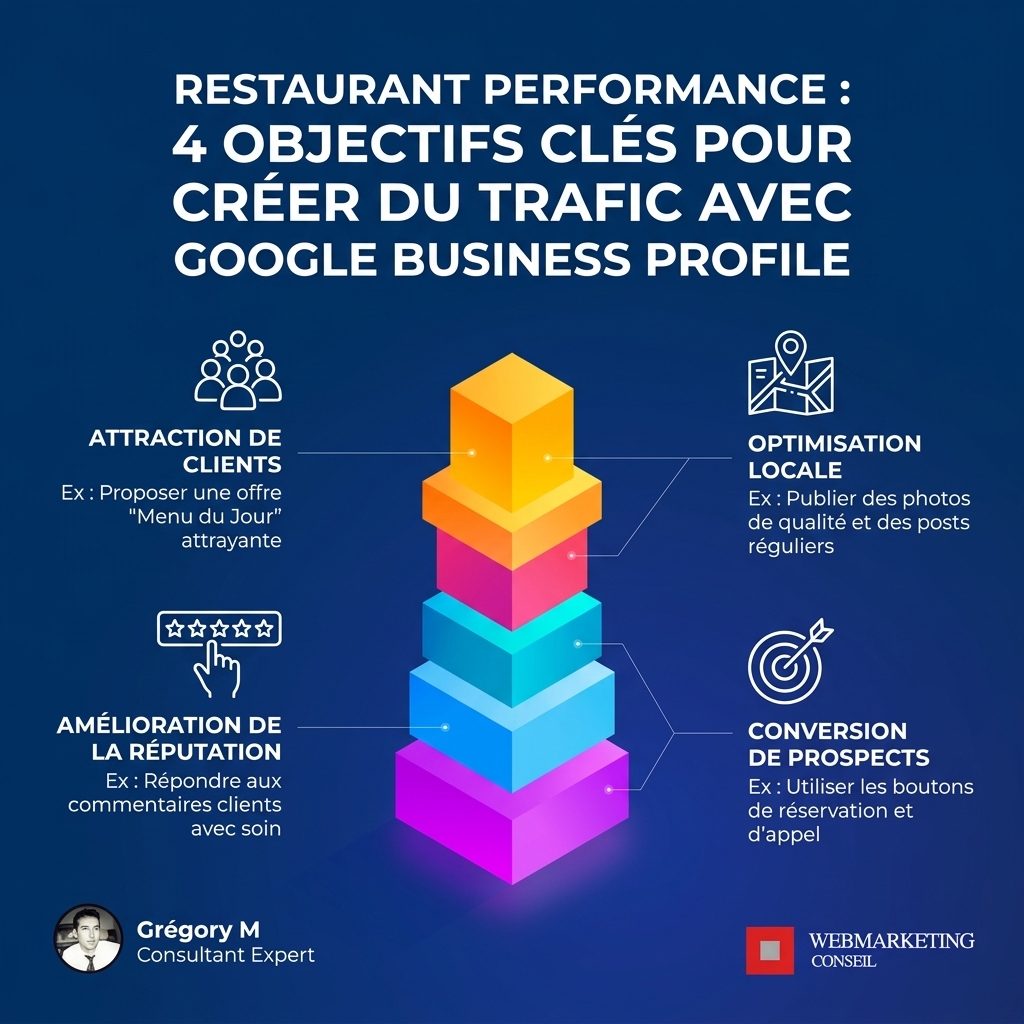 Infographie listant les objectifs principaux d'une stratégie de référencement : augmenter le trafic qualifié, générer des conversions, accroître le chiffre d'affaires, renforcer l'autorité et la notoriété.