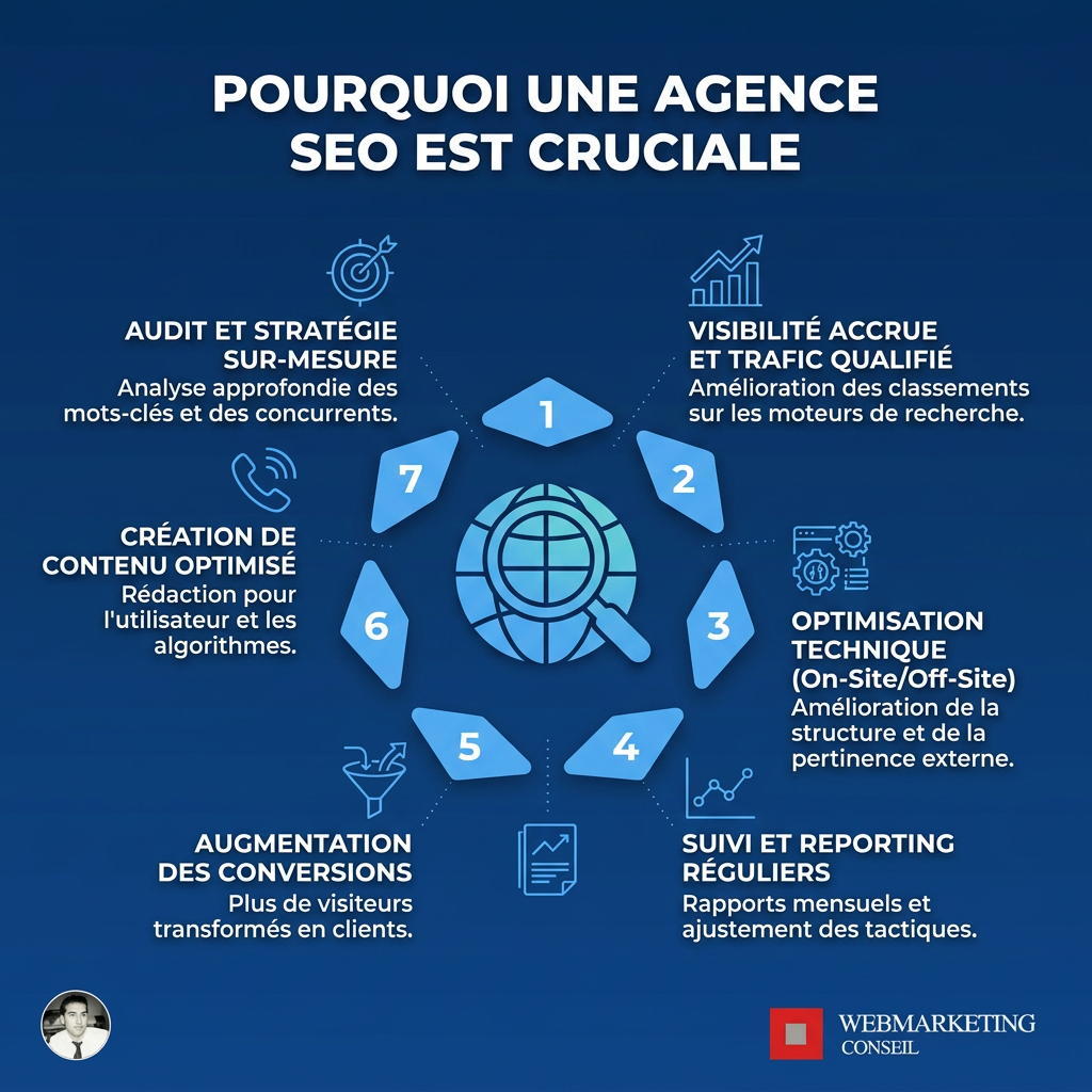 Infographie listant les avantages de faire appel à une agence de référencement : gain de temps et d'expertise, résultats mesurables et ROI, avantage concurrentiel, adaptation aux évolutions.