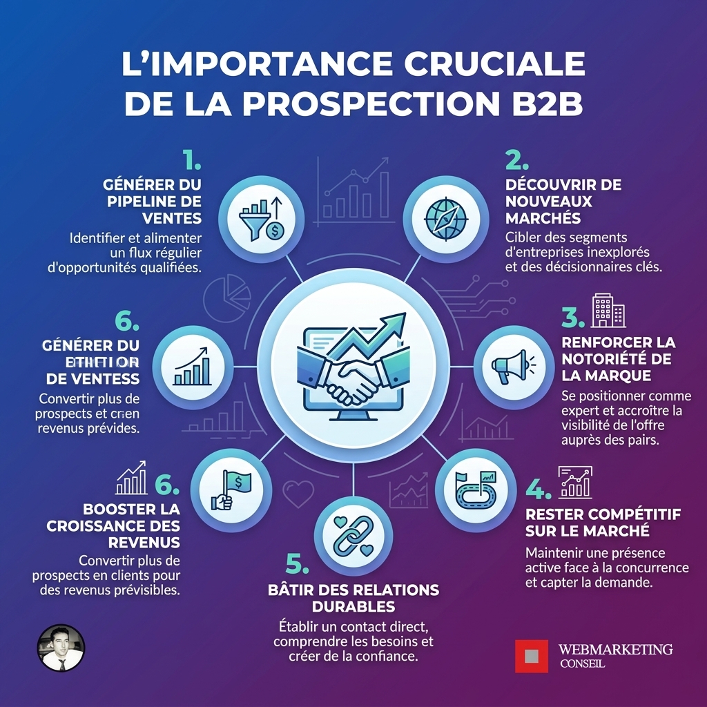 Infographie présentant la prospection B2B comme moteur de croissance, alimentant le pipeline, sécurisant le CA, maintenant la dynamique commerciale, anticipant les besoins et renforçant la notoriété.