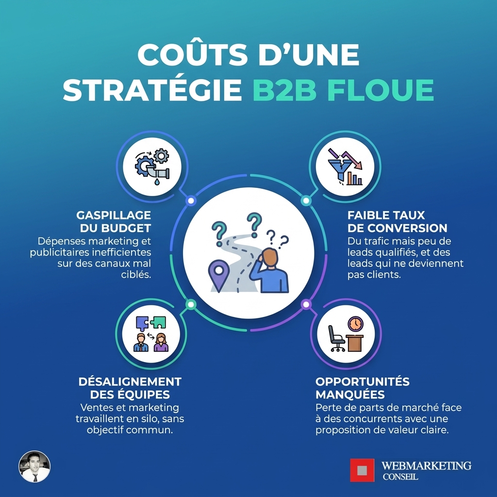 Infographie listant les conséquences négatives d'une stratégie B2B peu claire.