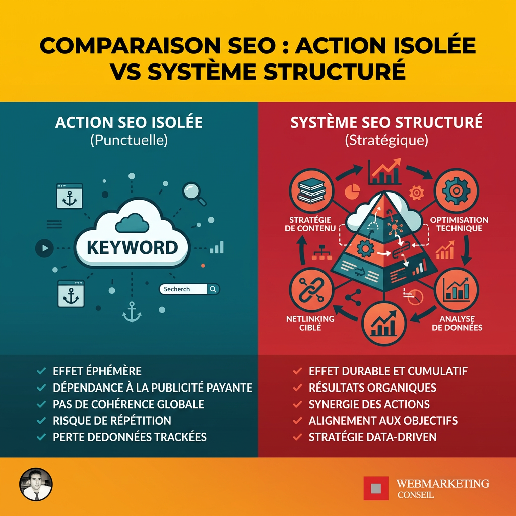 Infographie action SEO vs stratégie SEO