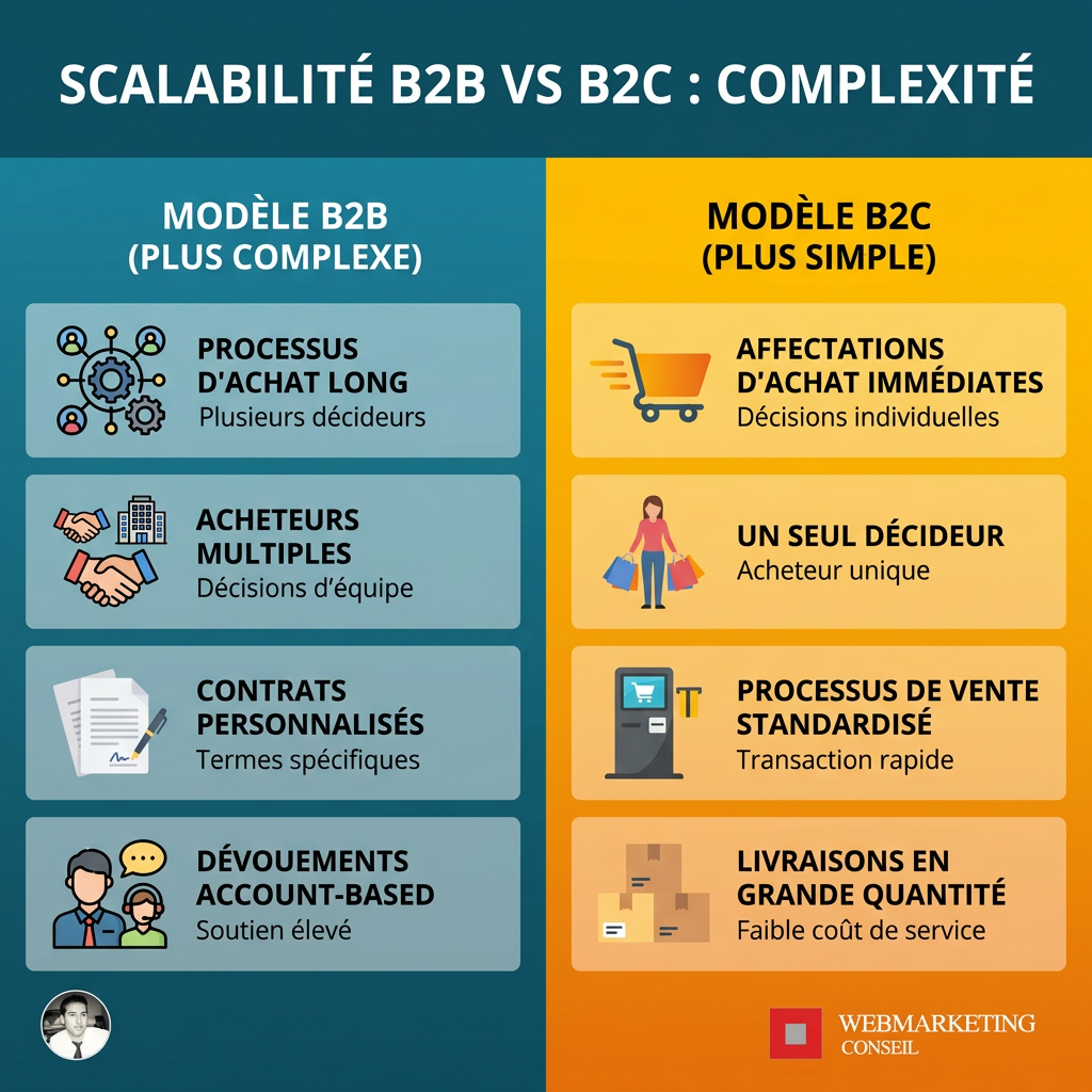 Infographie comparant la scalabilité B2B (personnalisation, relations longues, processus complexes) et B2C (volume, produits standardisés, parcours linéaires).
