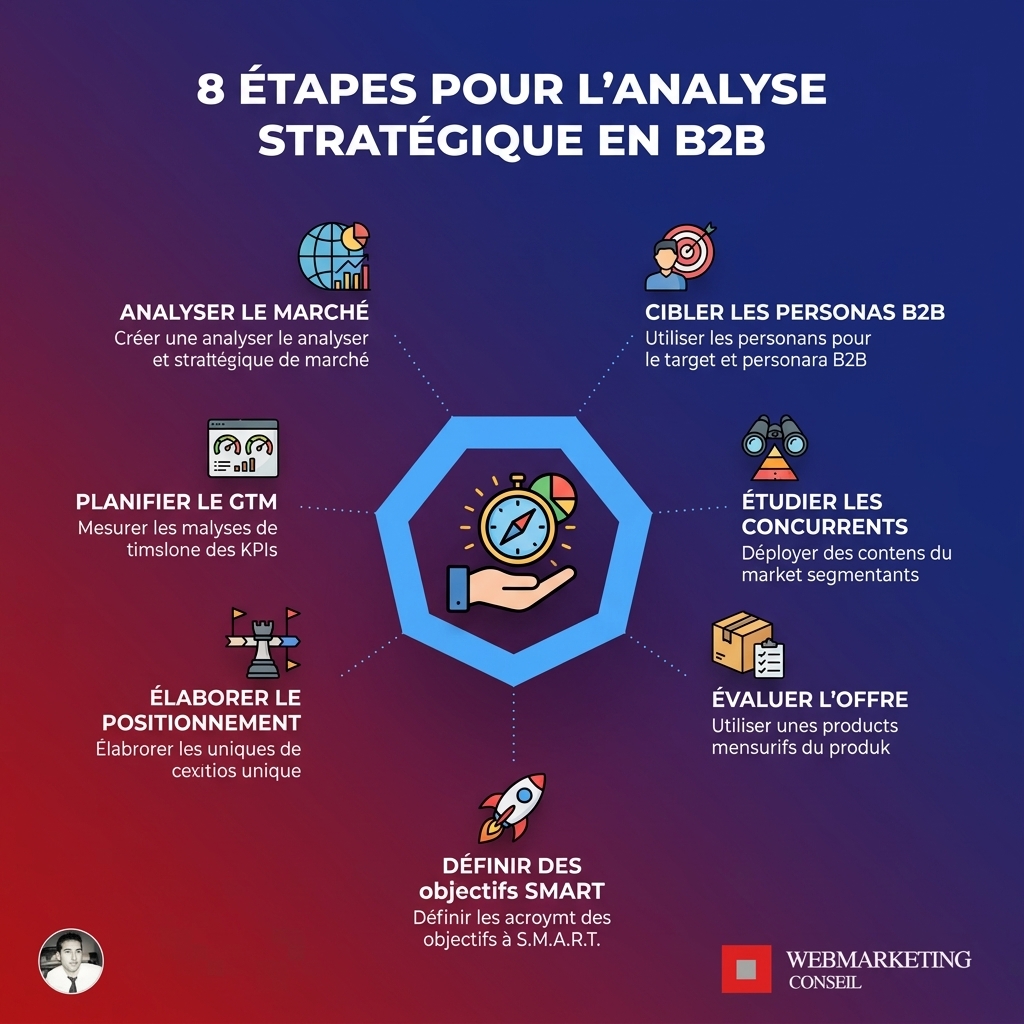 Infographie présentant les étapes clés de l'analyse stratégique pour le développement B2B : étude de marché et analyse concurrentielle.