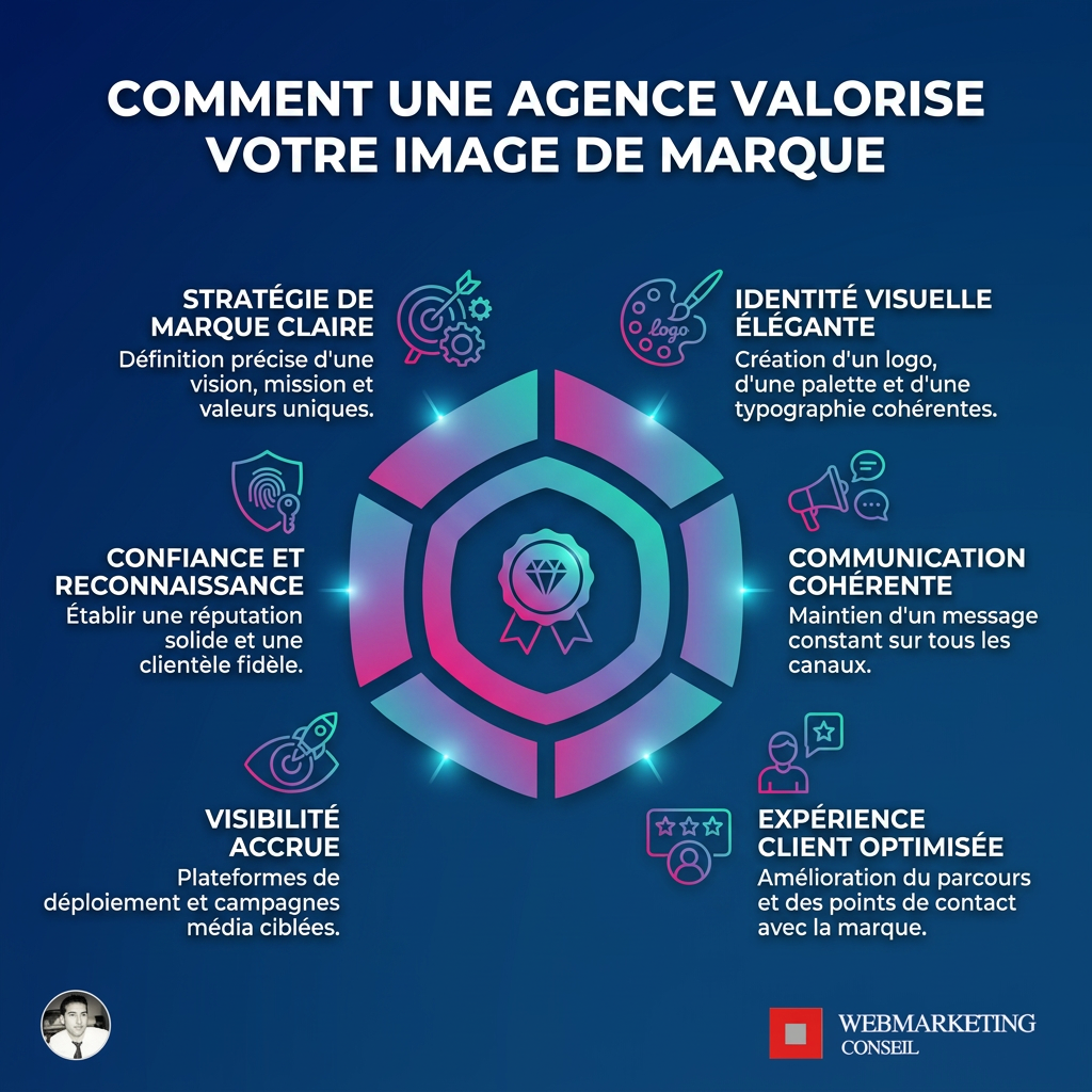 Infographie montrant les étapes de valorisation de l'image de marque par une agence : proposition de valeur, identité visuelle, messages clés, gestion de réputation.