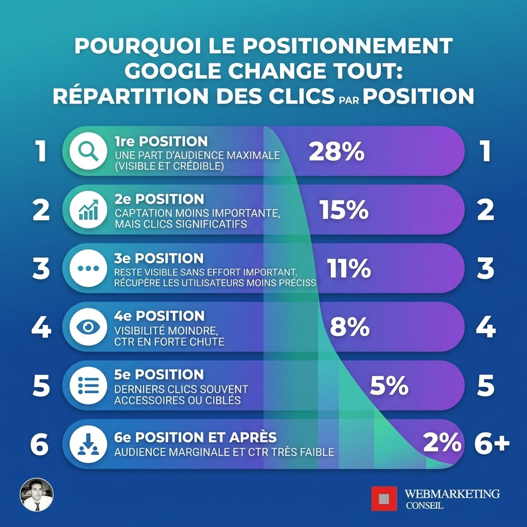 Graphique clics SEO selon la position Google