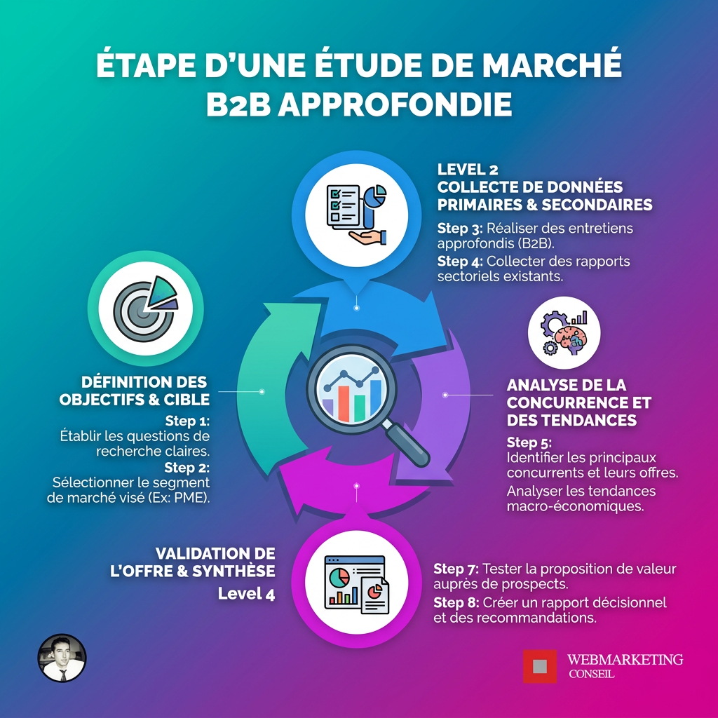 Infographie détaillant les trois étapes d'une étude de marché approfondie : taille et tendances, opportunités et niches, réglementations et contraintes.
