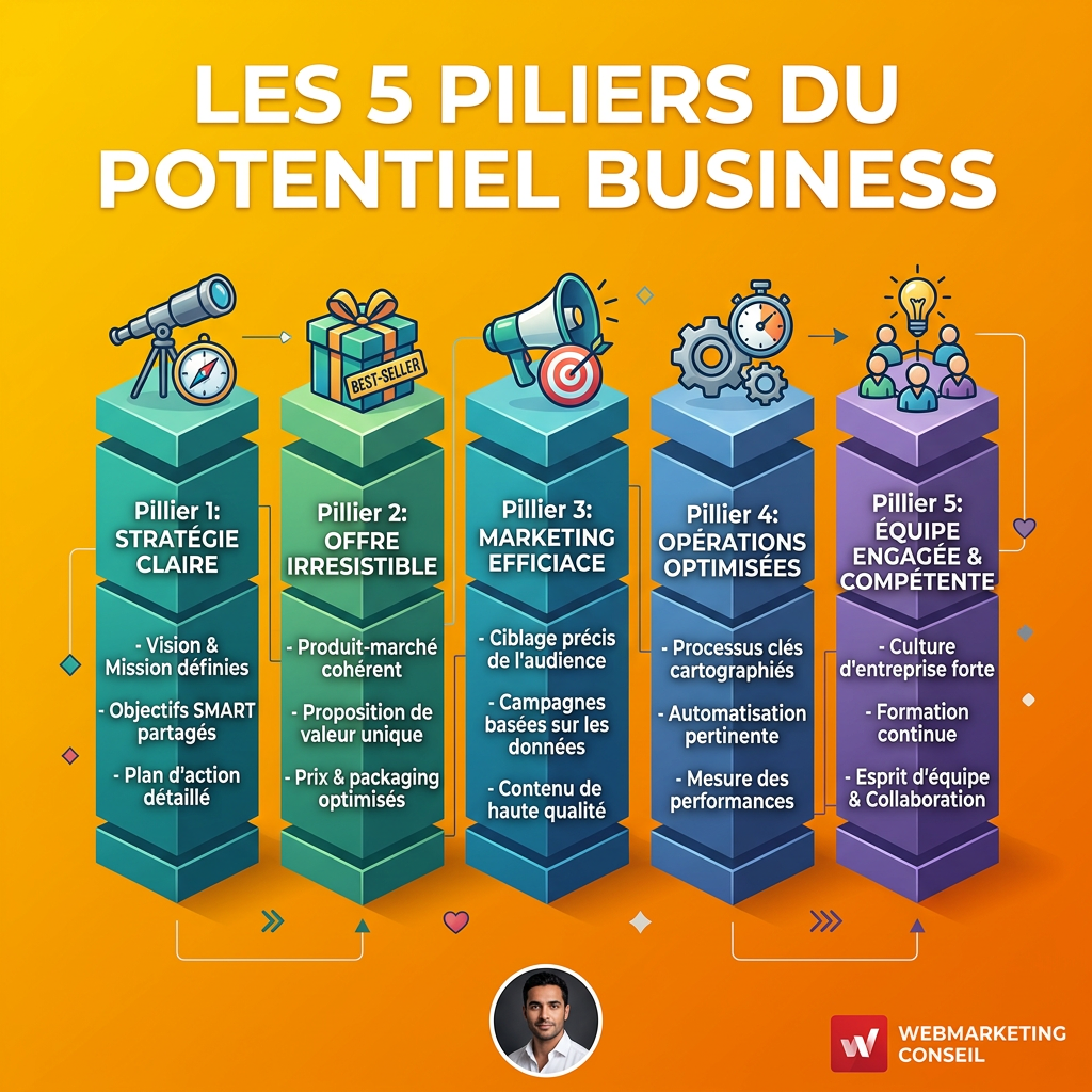 Infographie présentant les cinq aspects clés du potentiel business : Augmentation des revenus, Optimisation des processus, Innovation, Expansion, Fidélisation.