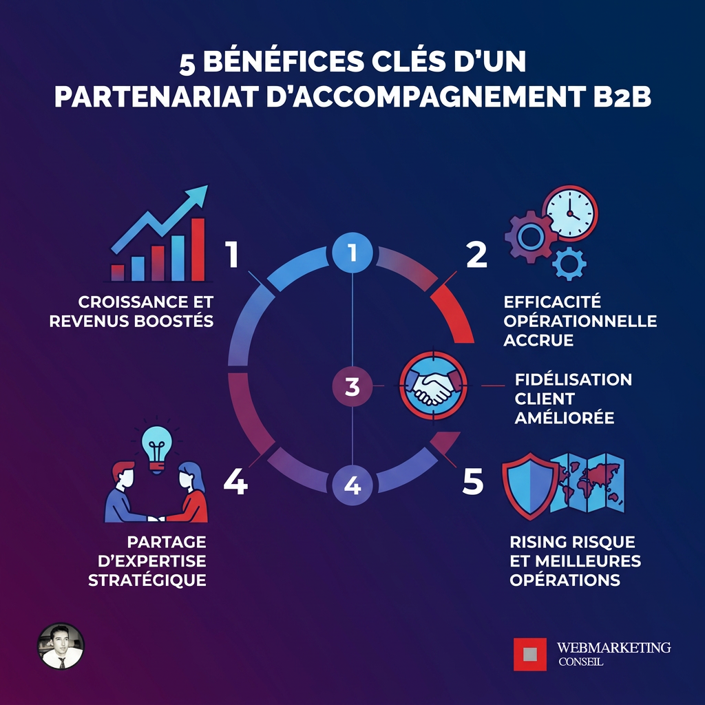 Infographie illustrant les multiples bénéfices de l'accompagnement business B2B