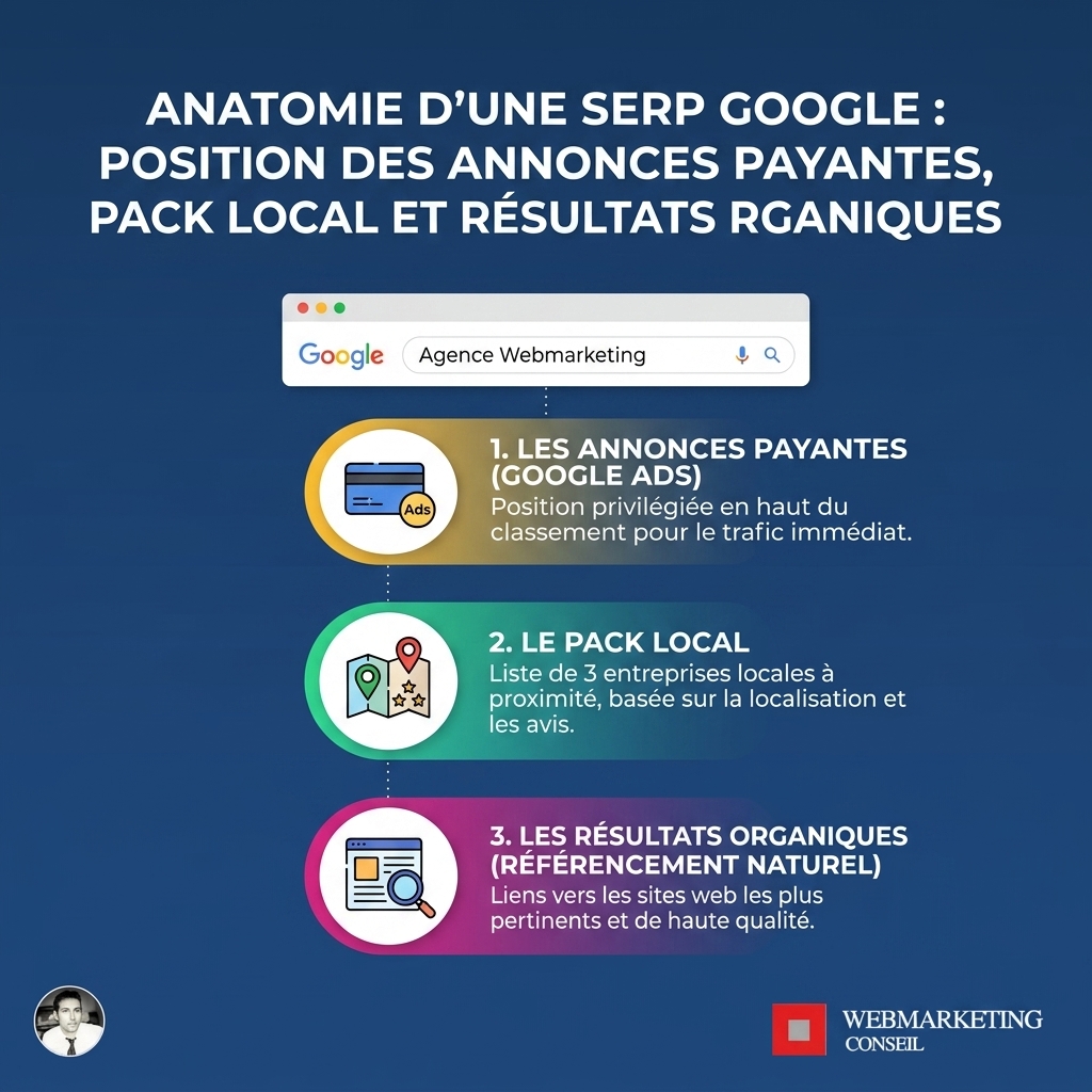Structure visuelle d'une page de résultats Google SERP