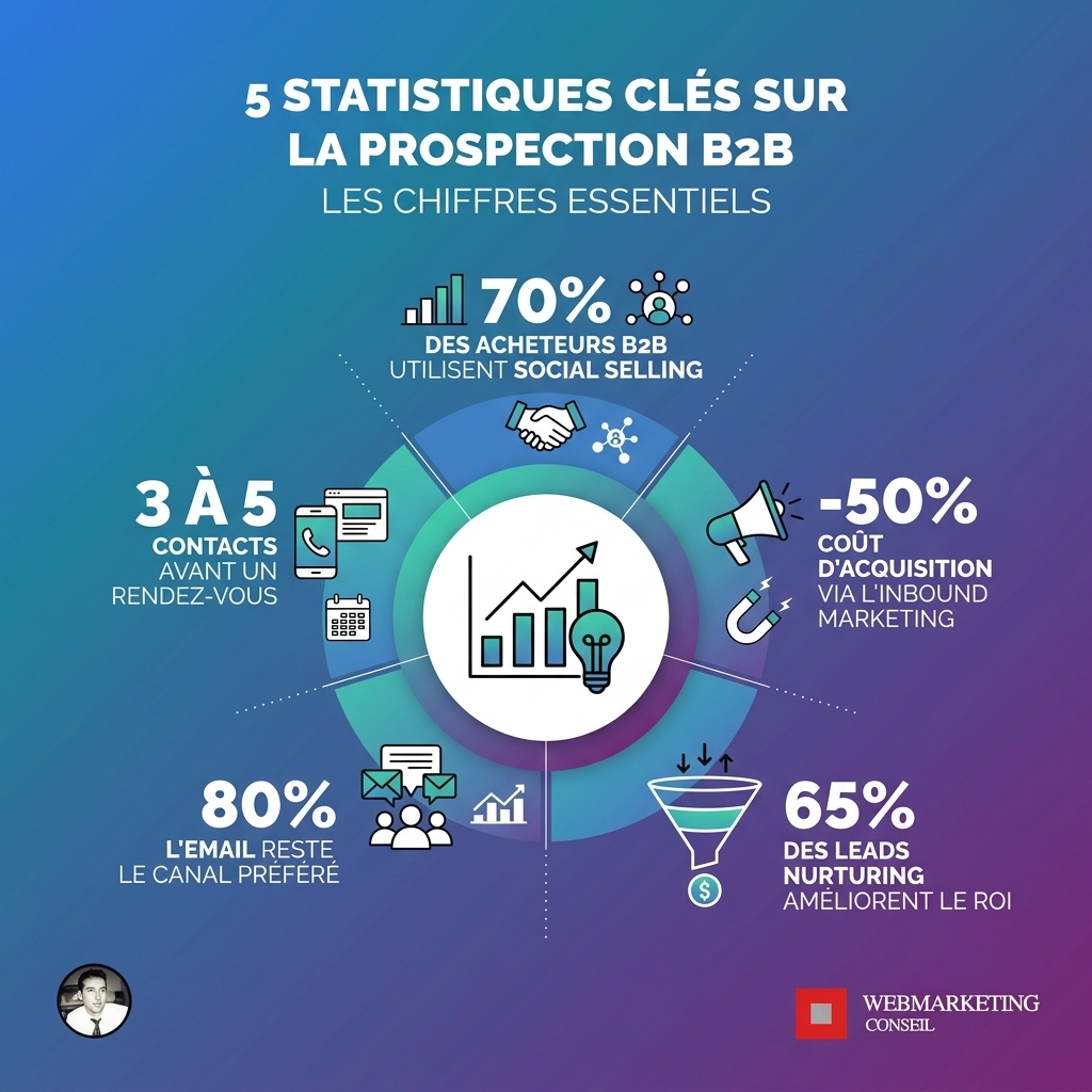 Infographie présentant des statistiques clés: 70% des entreprises B2B considèrent la prospection essentielle; 55% des marketeurs B2B estiment la génération de leads comme leur défi principal; +20% de ventes pour les entreprises investissant dans la formation.