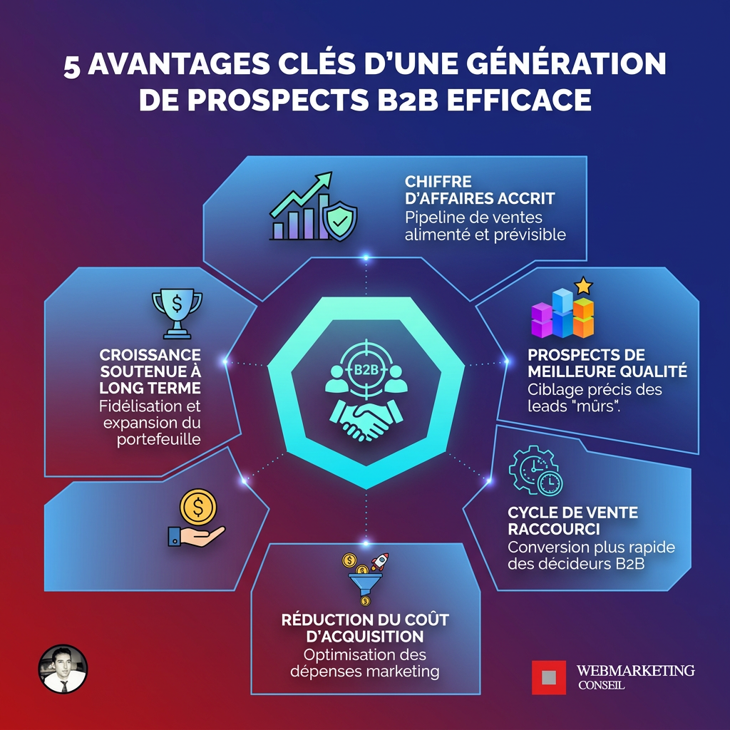 Infographie listant les avantages clés d'une génération de prospects B2B efficace : croissance des ventes, alimentation du pipeline, compétitivité, notoriété, développement de marchés, optimisation des ressources.