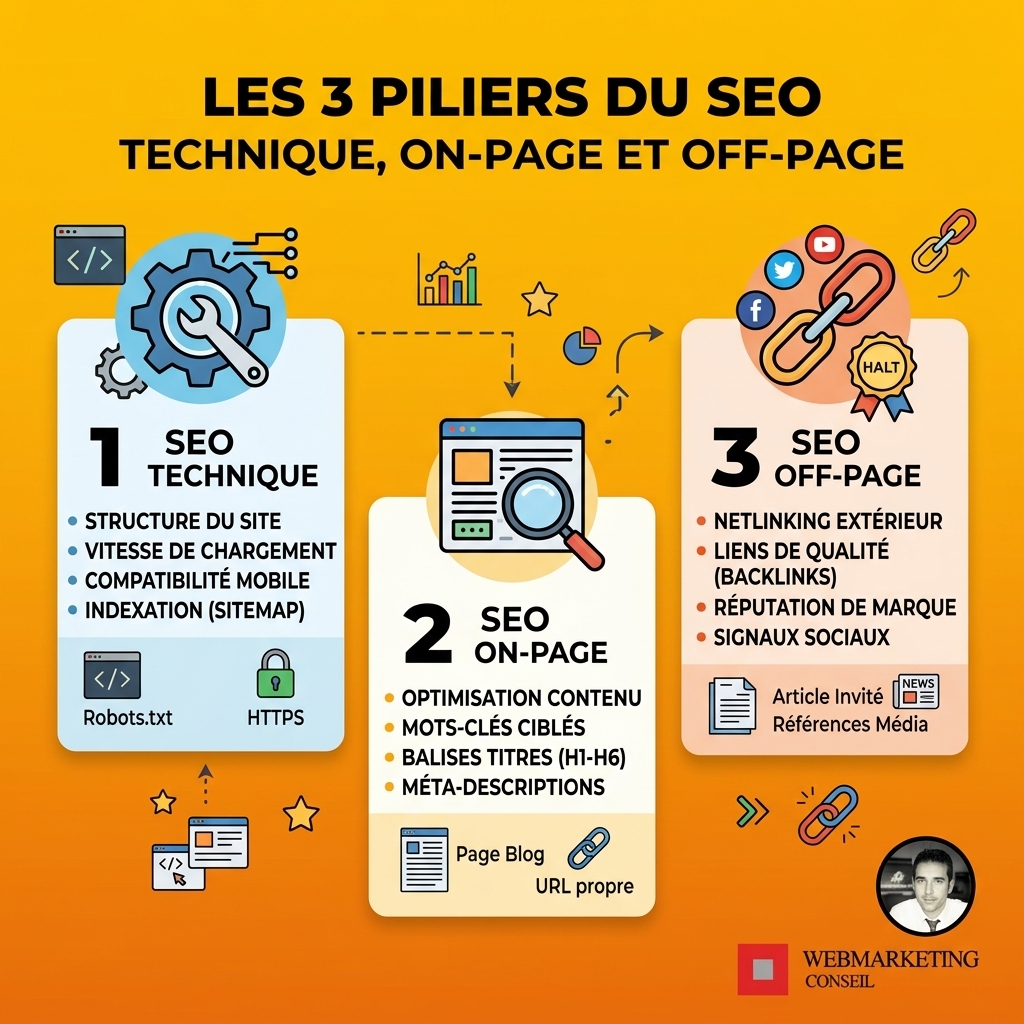 Infographie trois piliers SEO technique on-page off-page