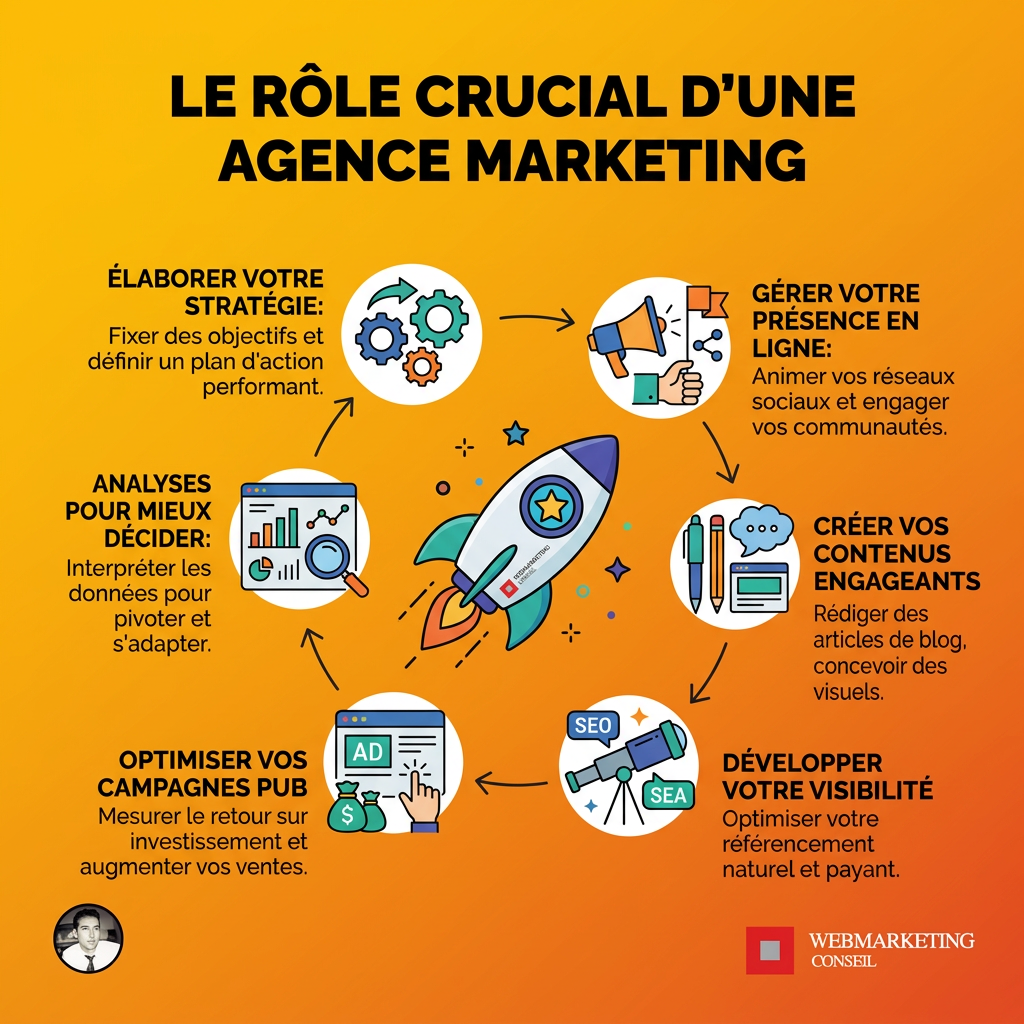 Infographie: Raisons de faire appel à une agence marketing (expertise, concentration, vision, résultats)