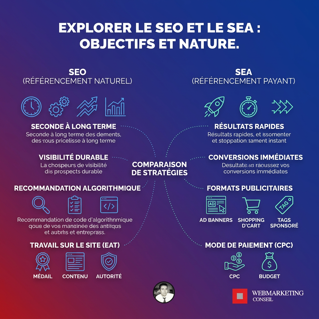 Infographie comparant les objectifs, la nature, la durée des résultats et les bénéfices du SEO et du SEA.