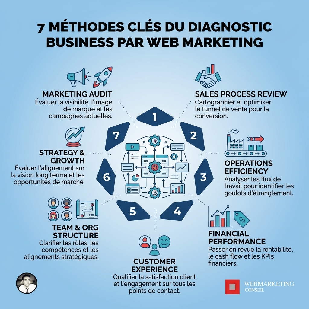 Infographie listant et expliquant brièvement les méthodes de diagnostic : SWOT, PESTEL, Analyse concurrentielle, Analyse interne.