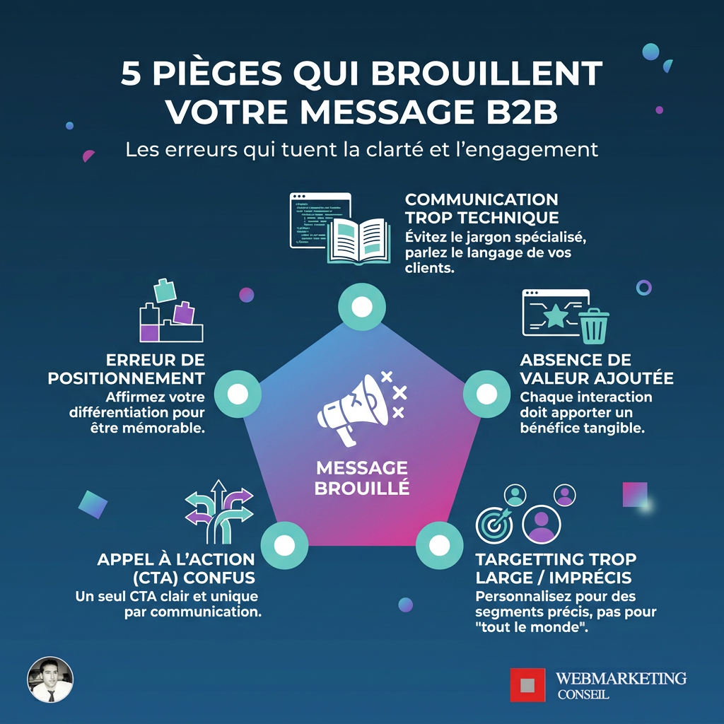 Infographie montrant les erreurs courantes qui rendent un message B2B confus.