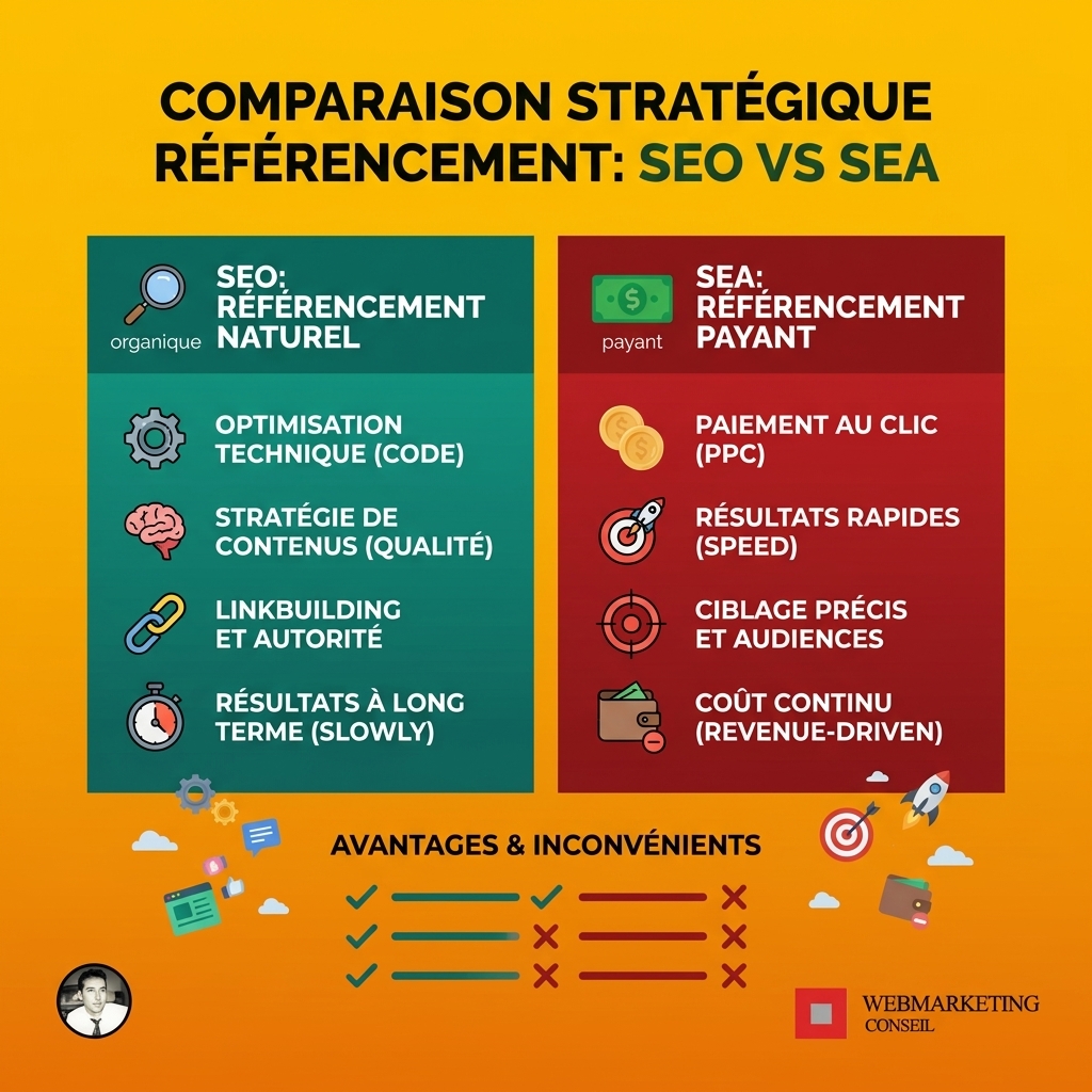 Infographie comparant le coût, la durée des résultats, la crédibilité, le contrôle et les données du SEO et du SEA.