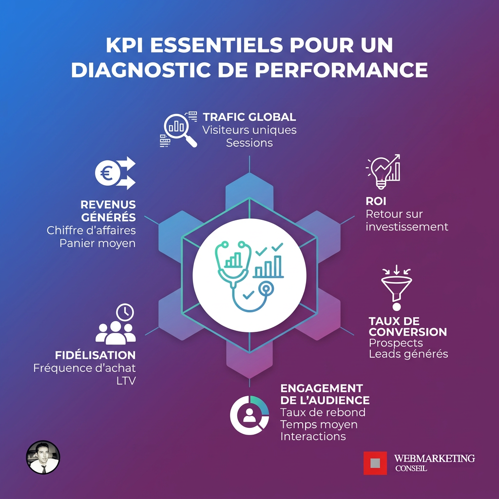 Infographie présentant les indicateurs clés de performance (KPIs) importants pour un diagnostic : Chiffre d'affaires, Taux de conversion, CAC, LTV, Taux de satisfaction client.