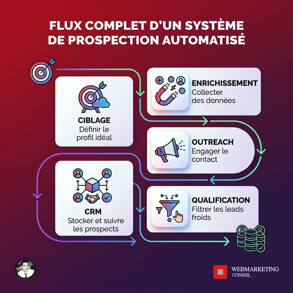 Schéma du flux d'un système de prospection B2B