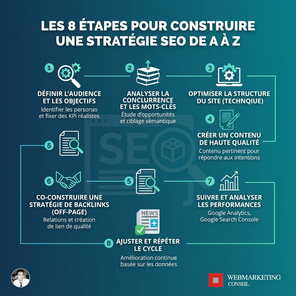Infographie étapes construction stratégie SEO