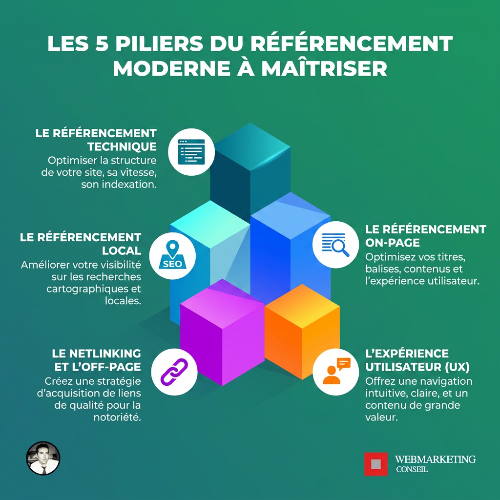 Piliers SEO technique contenu netlinking local GEO