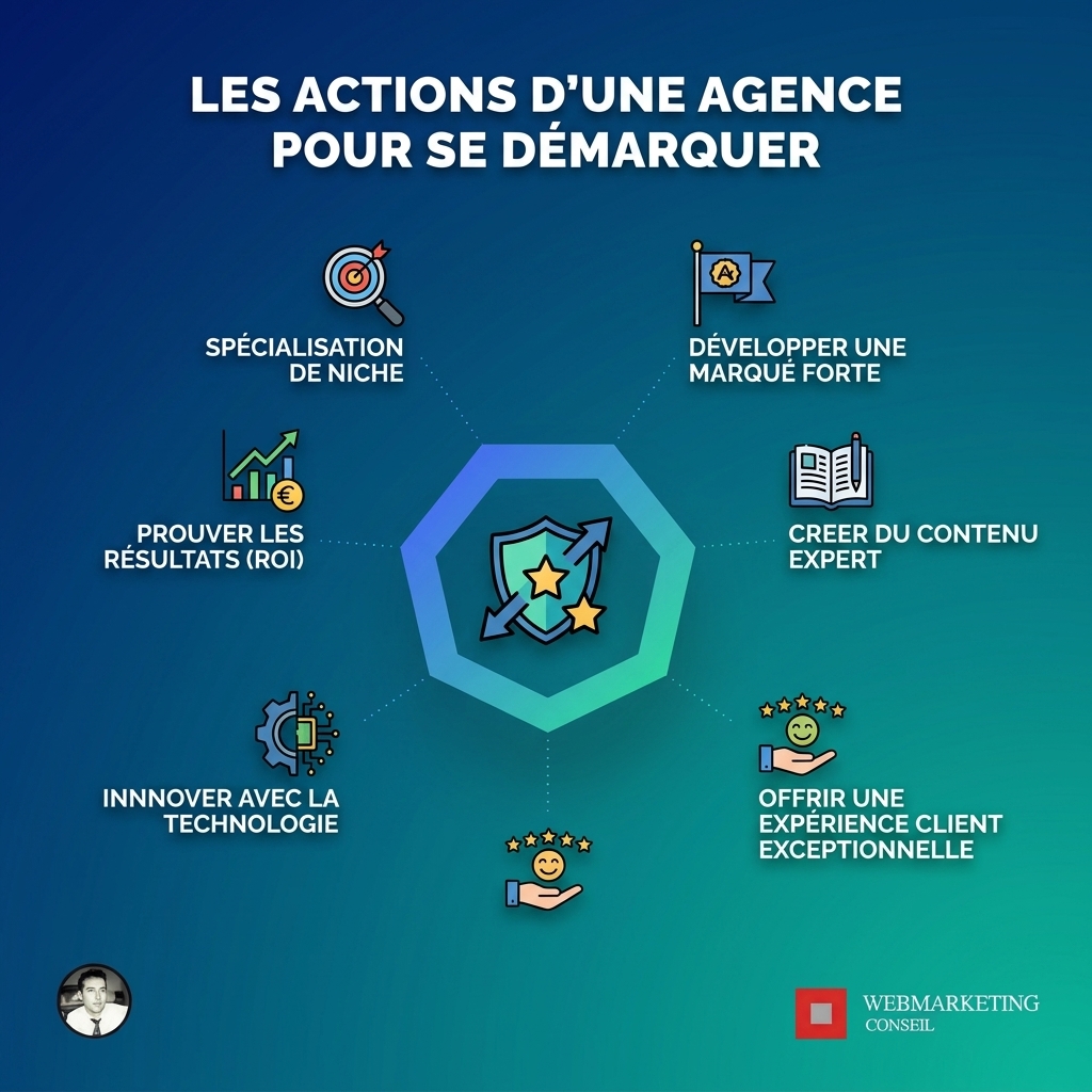 Infographie illustrant les actions d'une agence pour se démarquer : analyse concurrentielle, campagnes innovantes, canaux stratégiques, contenus différenciants.