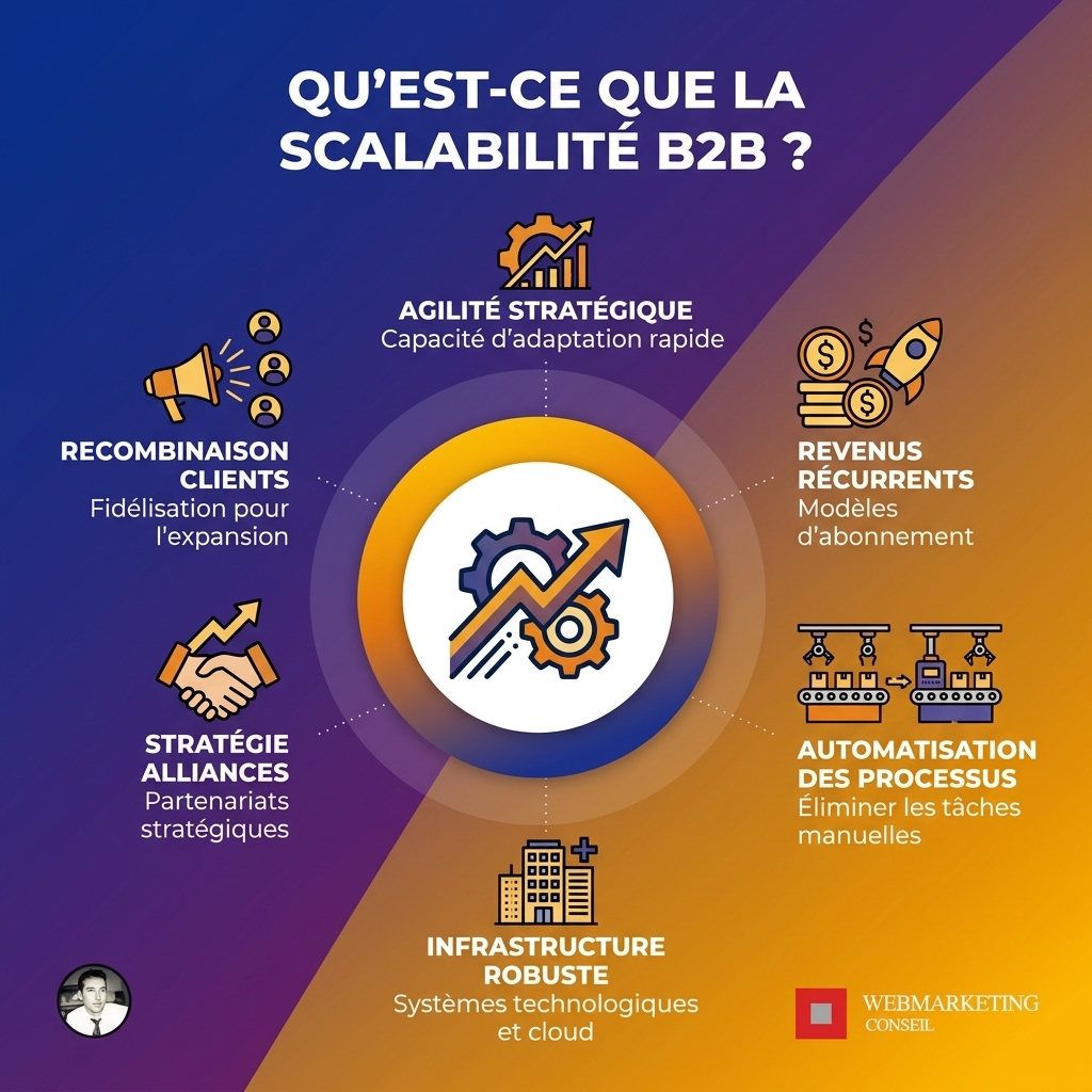 Infographie expliquant la scalabilité B2B comme la capacité à gérer la complexité, s'adapter, intégrer la technologie et maintenir les performances en croissance.