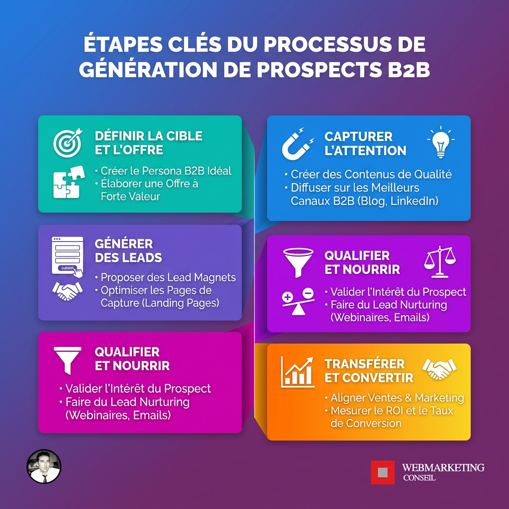 Infographie représentant les étapes structurées et itératives du processus de génération de prospects B2B, de l'identification à la qualification.