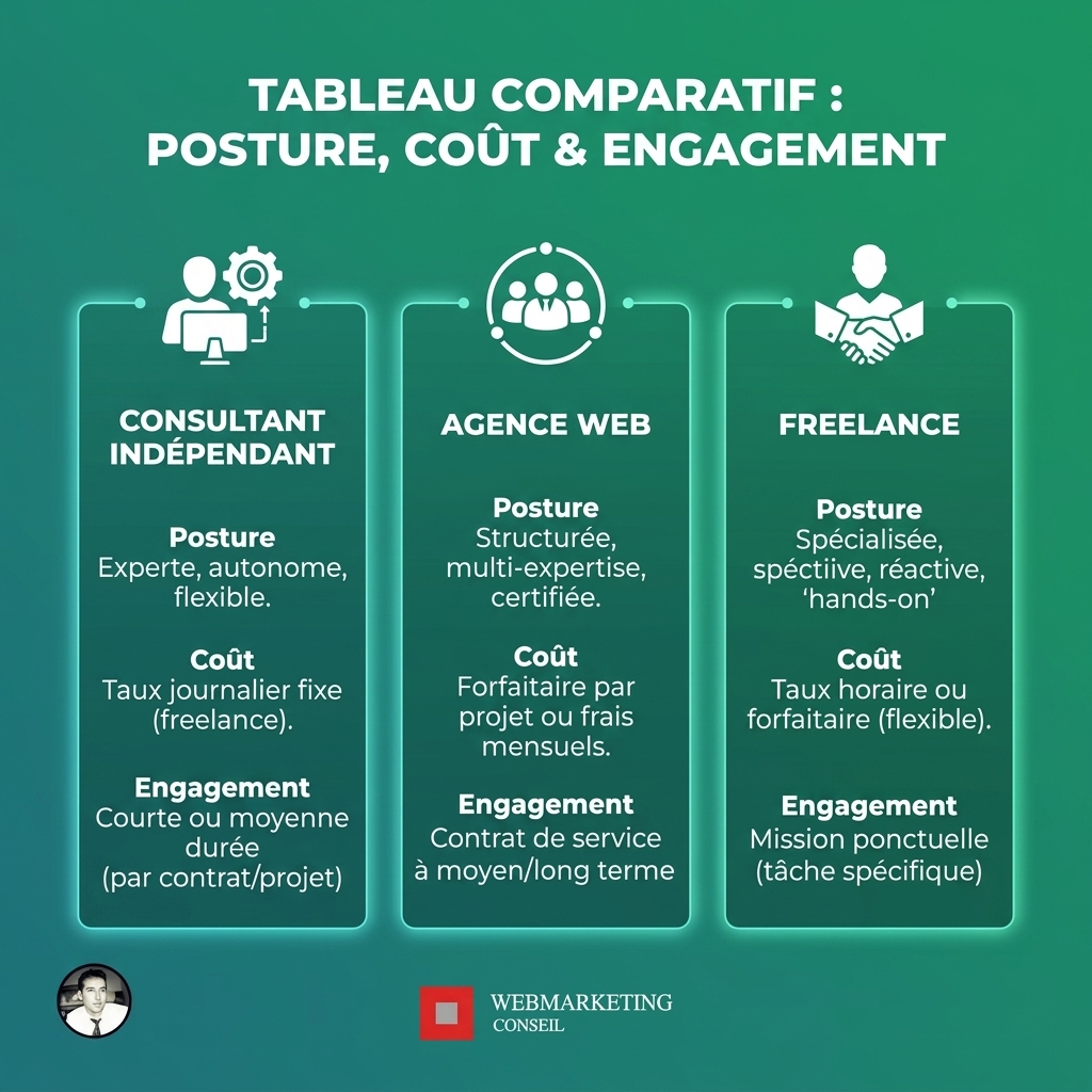 Comparaison consultant agence freelance acquisition