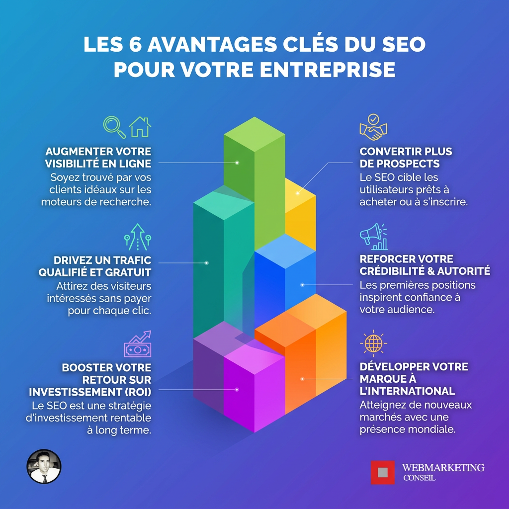 Infographie listant les avantages du SEO : augmentation du trafic qualifié, ROI durable, crédibilité, avantage concurrentiel, meilleure compréhension du marché.