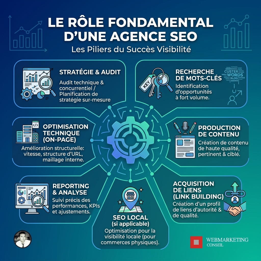 Infographie expliquant le rôle principal d'une agence SEO : améliorer la visibilité organique, attirer du trafic qualifié, augmenter les conversions et renforcer la notoriété de la marque.