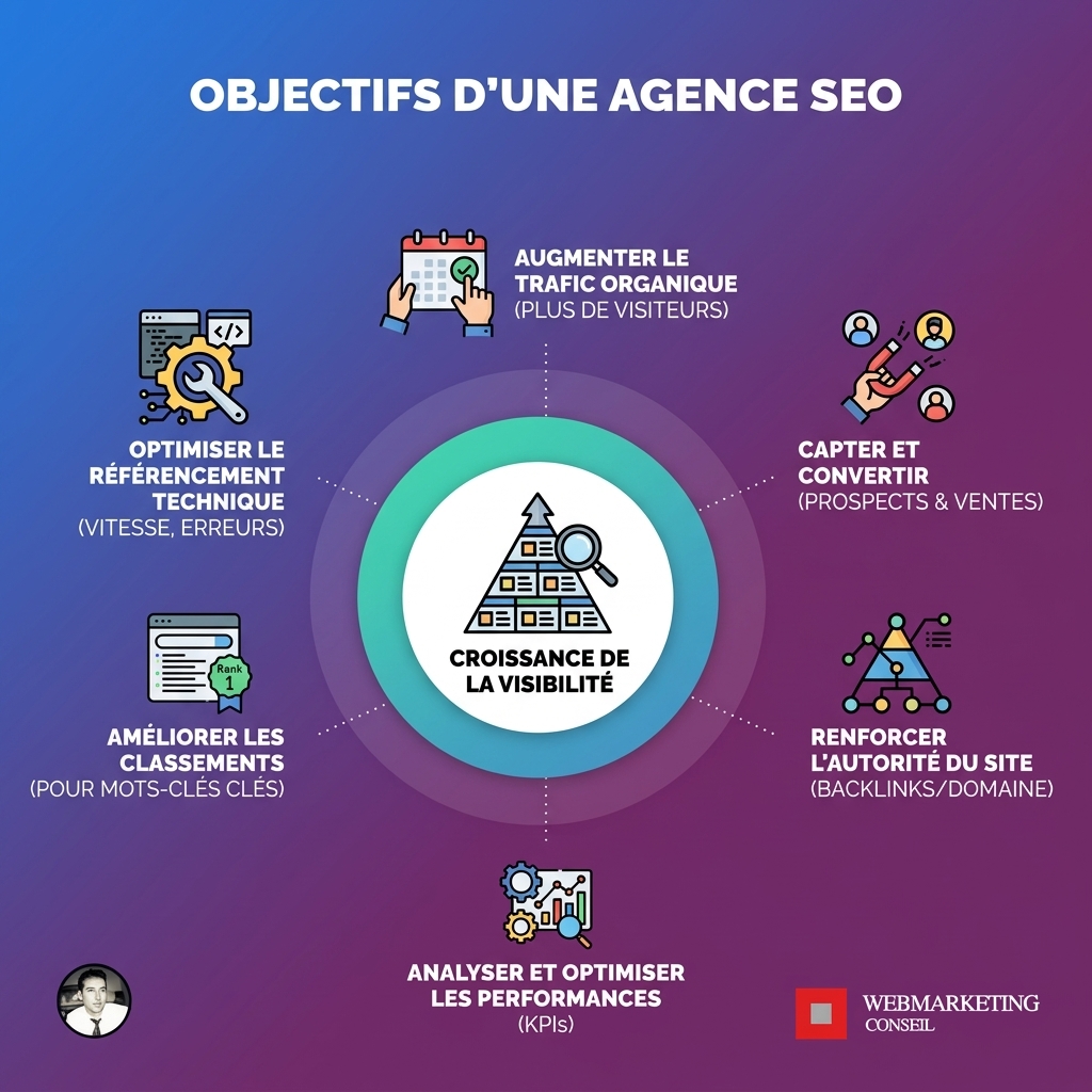 Infographie présentant les objectifs principaux d'une agence SEO : visibilité et positionnement, trafic qualifié, conversions et chiffre d'affaires.