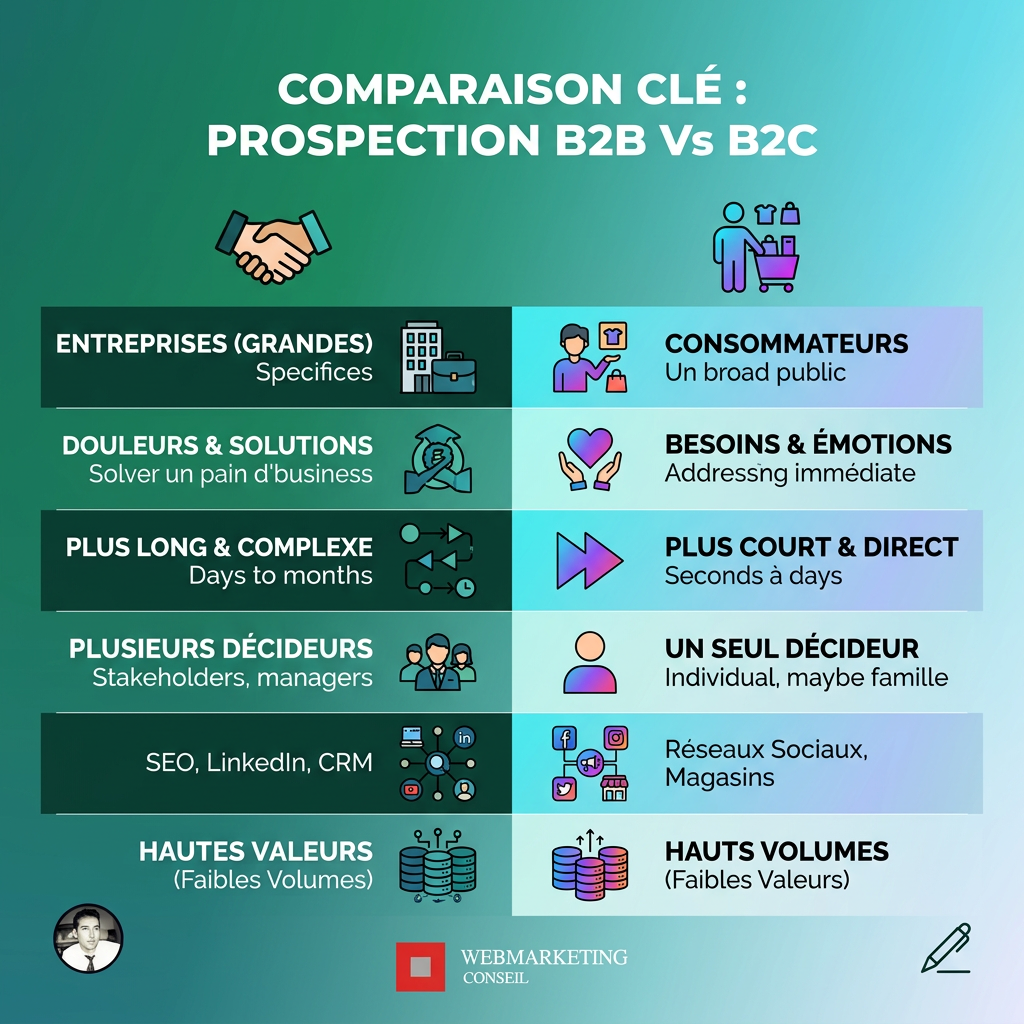 Infographie comparant les cycles de vente, les décideurs, les critères de décision, la nécessité de preuves, la relation et l'approche personnalisée entre B2B et B2C.