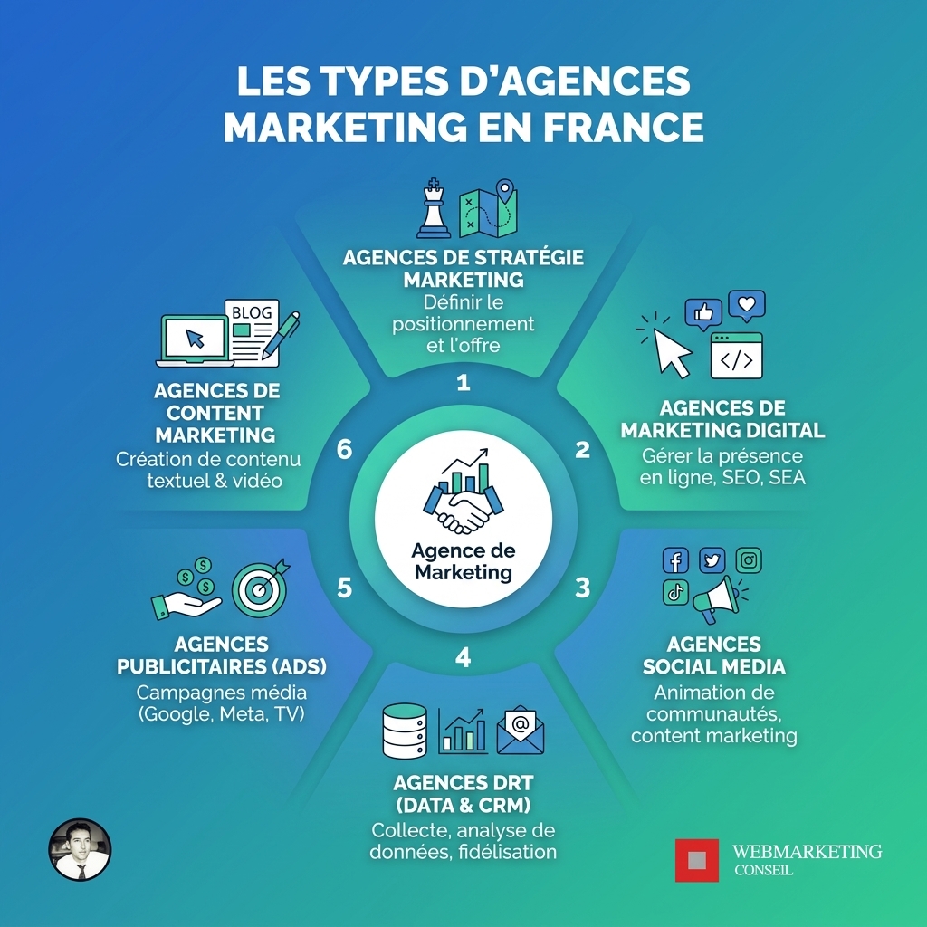 Infographie: Comparaison entre agence de marketing digital, de communication et de growth marketing