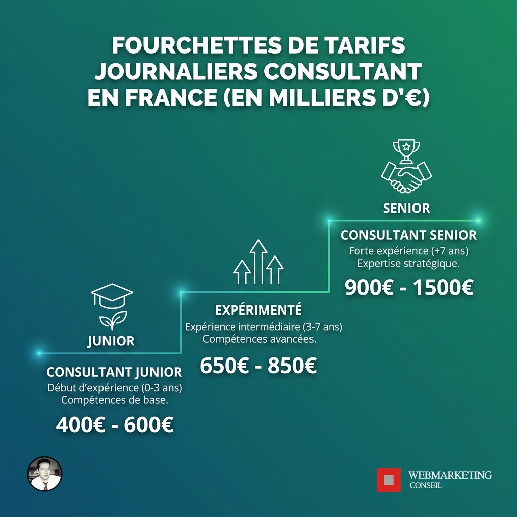 Infographie des tarifs journaliers moyens d'un consultant indépendant selon son niveau d'expérience