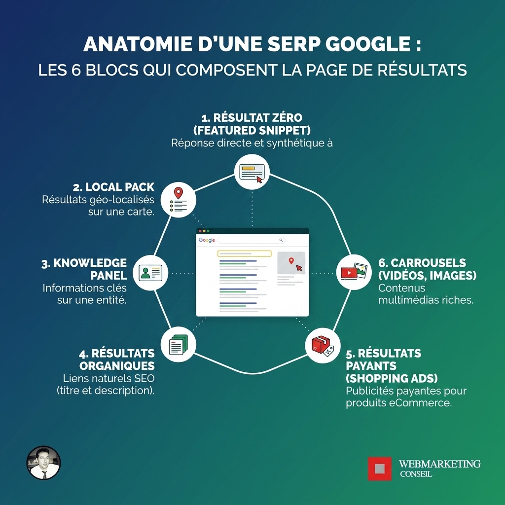 Infographie structure d'une SERP Google