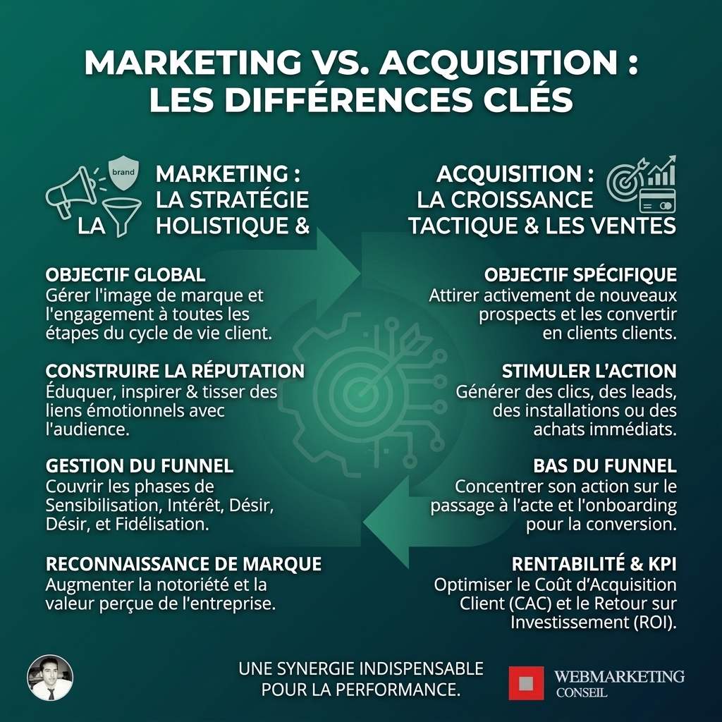 Infographie comparant le marketing (notoriété, image) et l'acquisition (conversion, ventes)