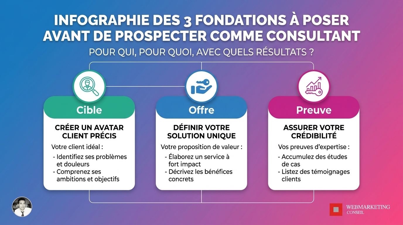 Infographie des 3 questions fondamentales à clarifier avant de prospecter en tant que consultant indépendant