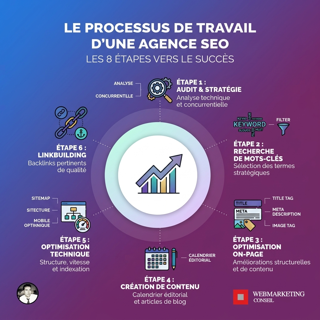 Infographie décrivant les étapes du fonctionnement d'une agence SEO, commençant par l'audit approfondi.