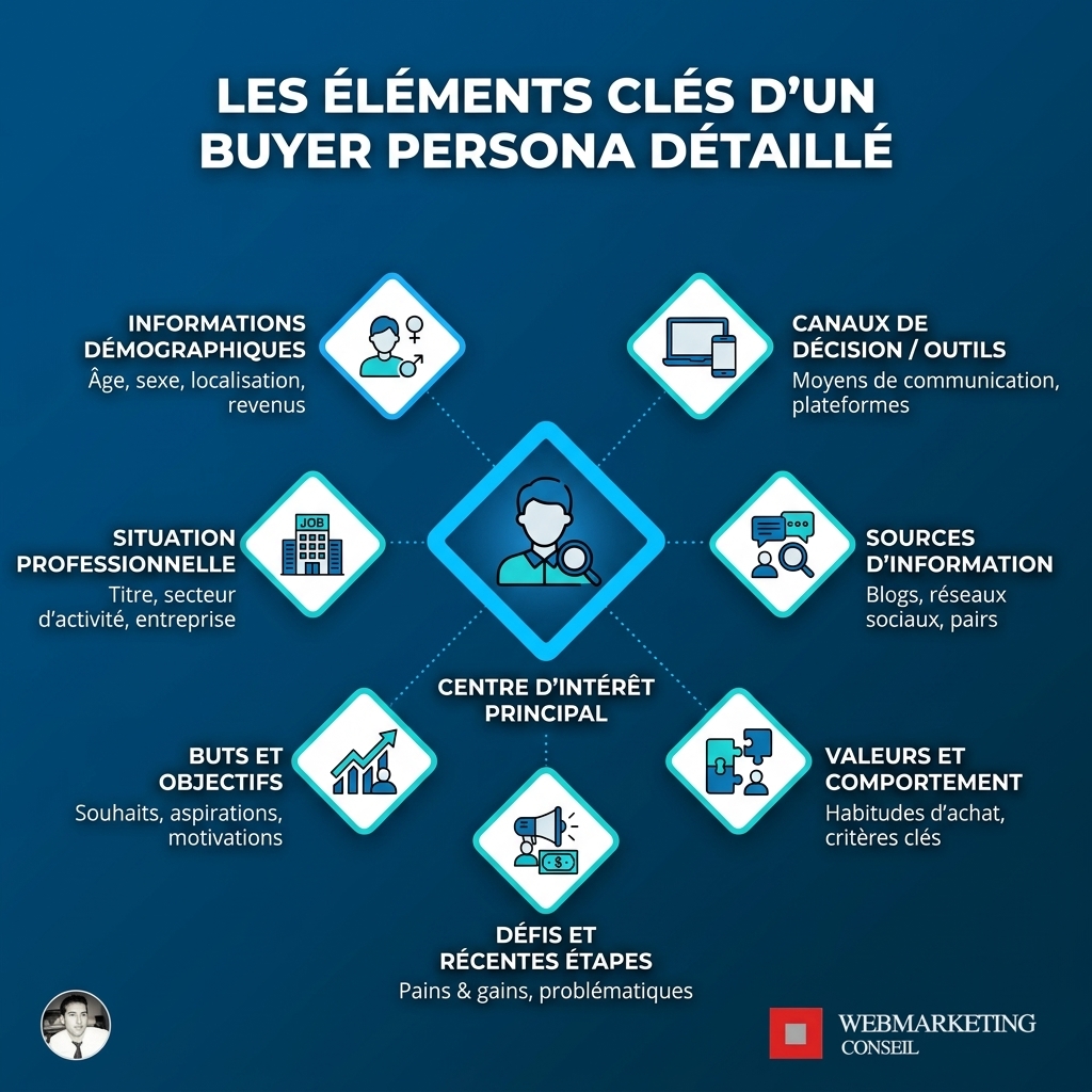 Infographie listant les objectifs, défis, comportements en ligne et critères de décision d'un buyer persona
