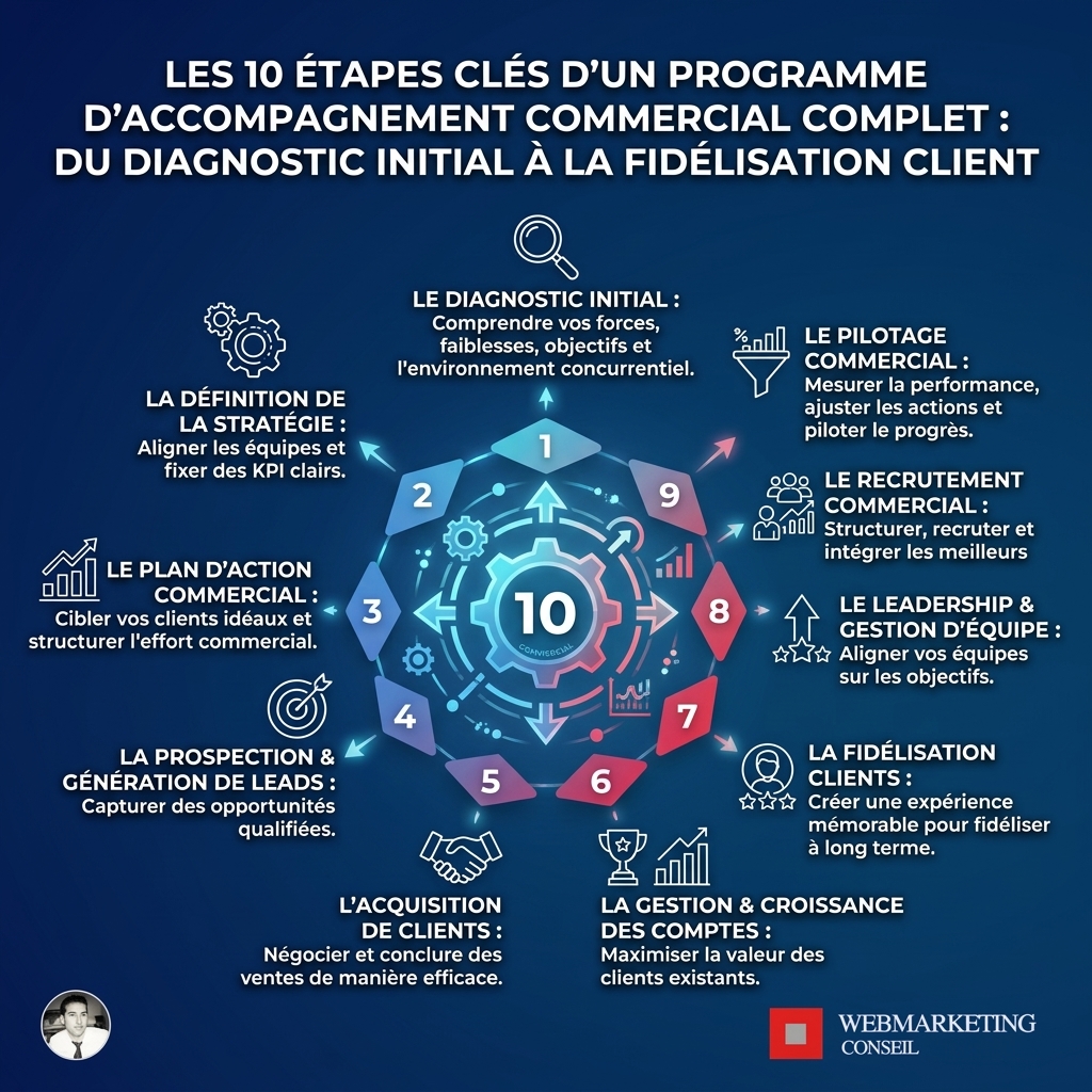 Frise des 10 étapes d'un programme commercial structuré